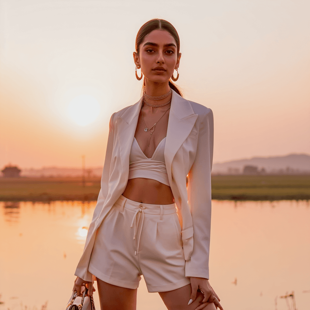 AI generated: Create a high-fashion design for a t-shirt print, featuring a stunning model as Indian actress Kiara...