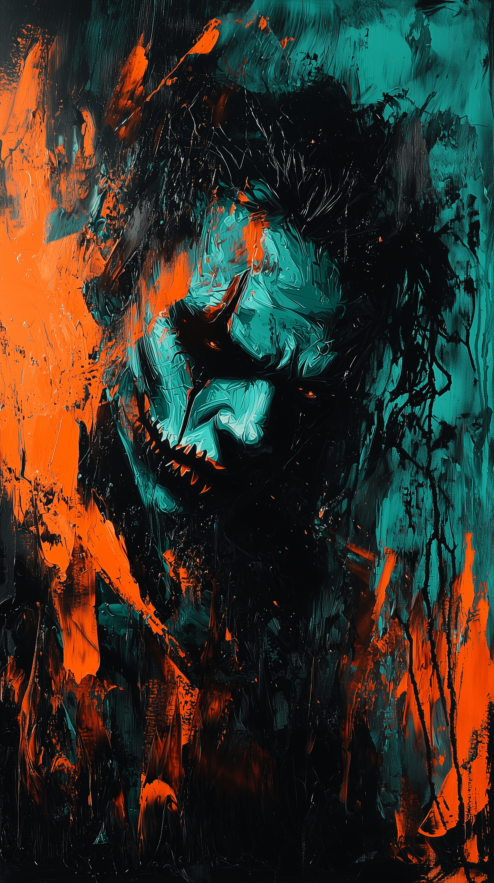 AI generated: painting art, jocker, painted in film noir fusion,strong brush touch, burnt orange and teal palette,...