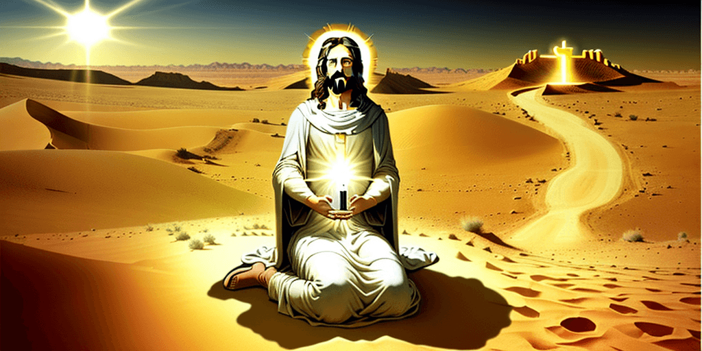 AI generated: Jesus christ in the desert, holy light, down to earth, love, god-like
