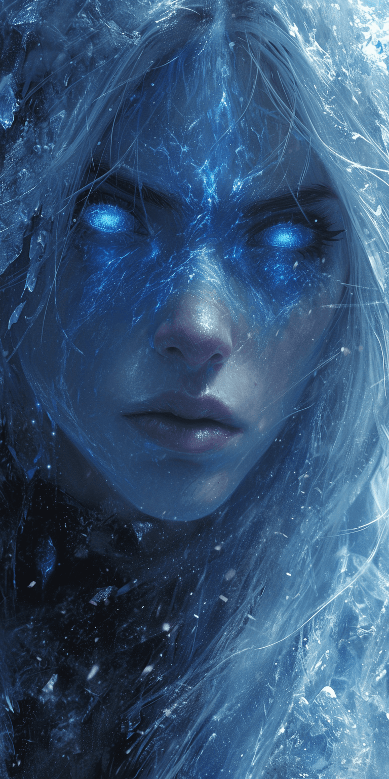 AI generated: Ice mage art, in the style of balanced symmetry, black and blue, detailed facial features, frozen, i...
