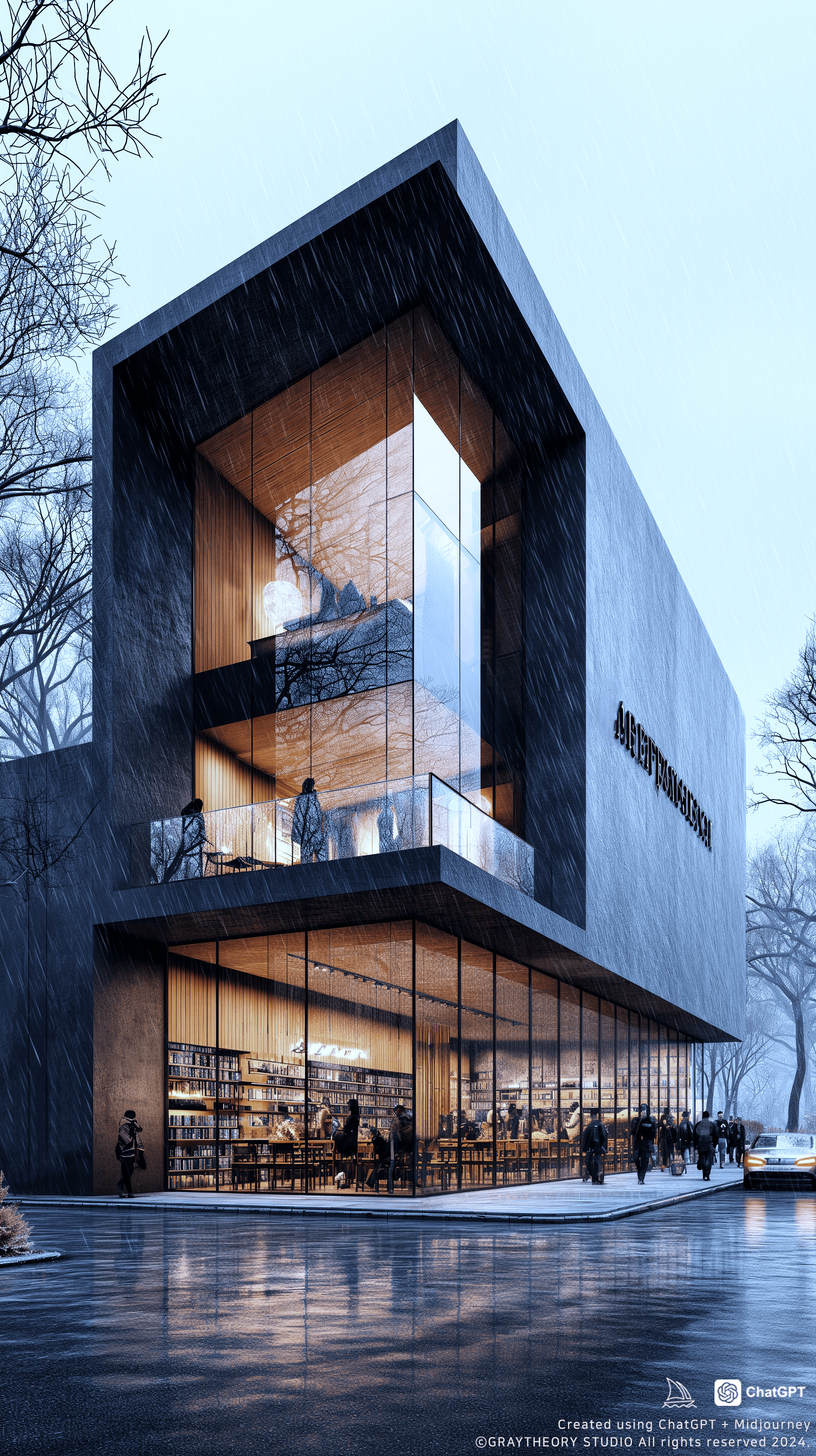 AI generated: photorealistic, canon EOS 5d, minimalistic medium scale building, geometric shaped outline, expert, ...