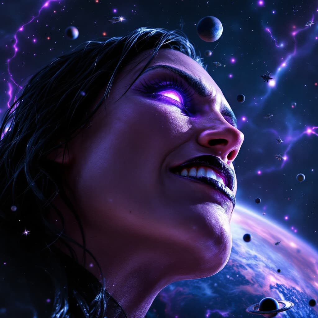 AI generated: enormous giantess Rhea Ripley  from WWE
bigger than a galaxy floating in space, minuscule planets in...