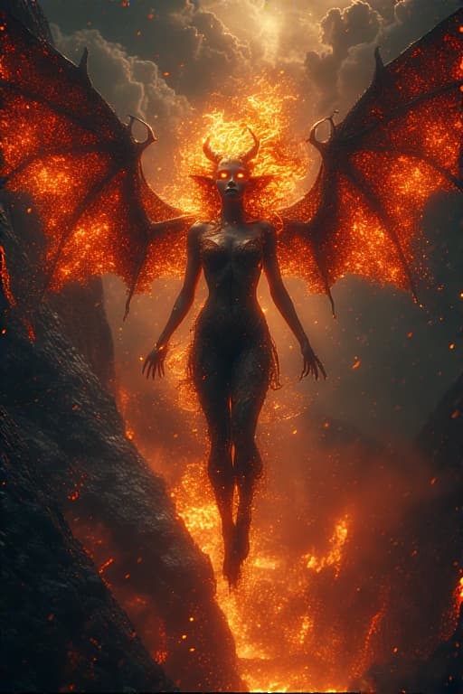 AI generated: fish like skin, Perfectly-centered photograph of a real life female succubus  ((demon)) with batwing...