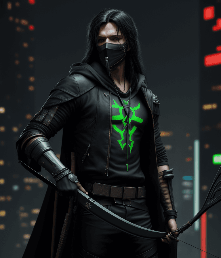 AI generated: Cyberpunk, robin hood, holding a composite bow, stylish, masked, dark clothes, black long hair, male...