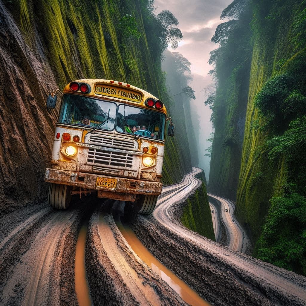 AI generated: A closeup view of a bus driving a dangerous, ultra-narrow and unpaved road in Peru. Background is an...