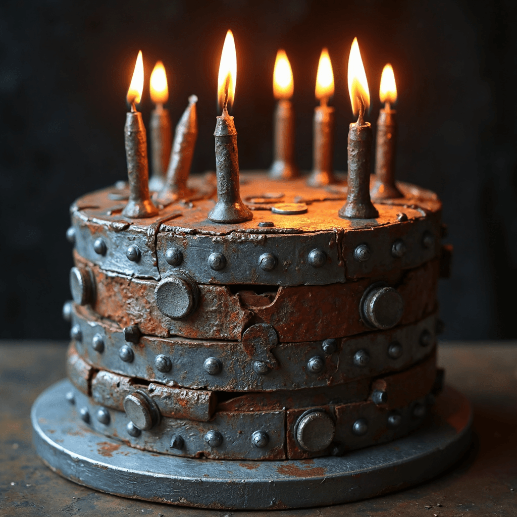 AI generated: A striking birthday cake adorned with burning metallic-looking fired candles shaped like curved nail...