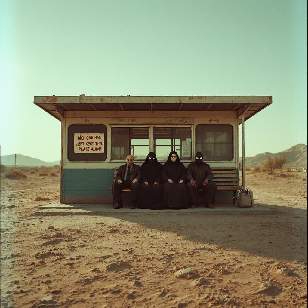 AI generated: wide shot of a bus station located in the middle of the dessert, is sunset , dusty enviroment. on th...