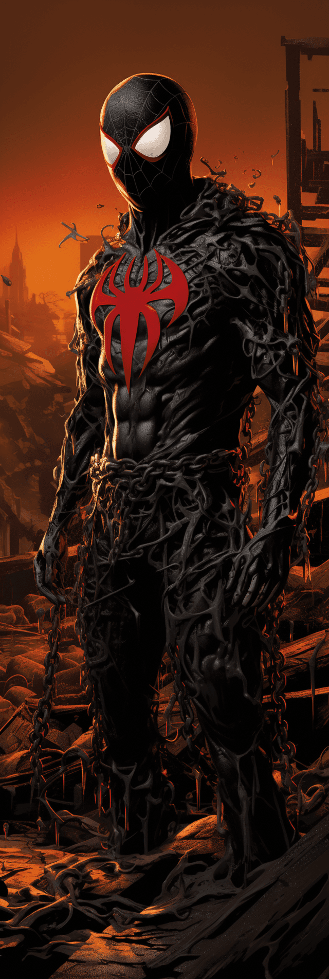 AI generated: Miles Morales wearing a mixed suit of Spiderman and Venom comic book illustration by Todd McFarlane ...