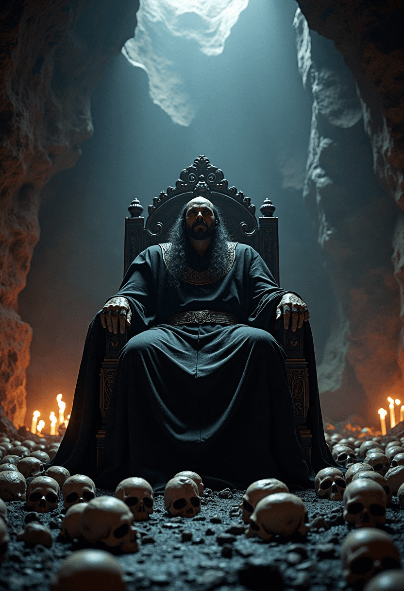 AI generated: Hades, king of the Underworld, sits on his coal-throne in a dark cave filled with the souls of the d...