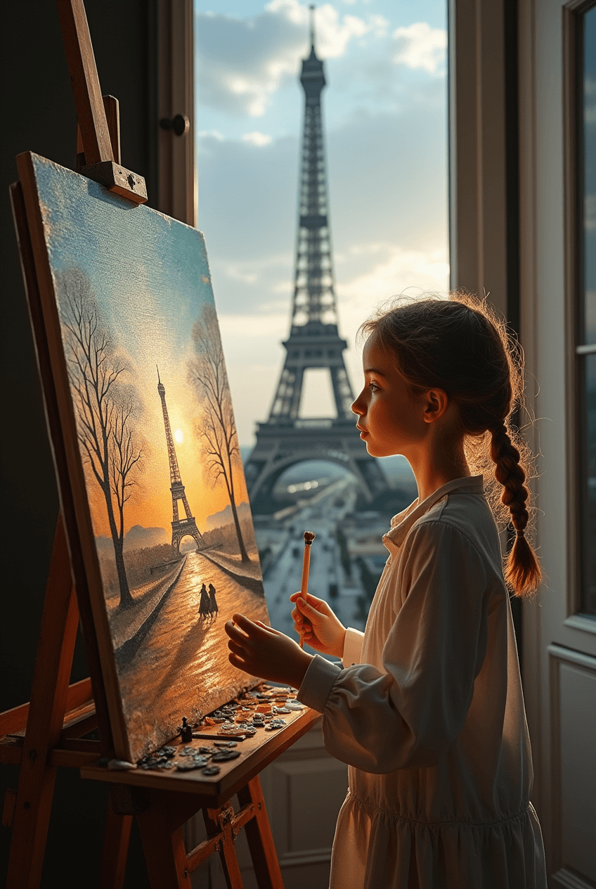 AI generated: a young girl paints a beautiful picture in her studio, she lives in a house near the eiffel tower in...