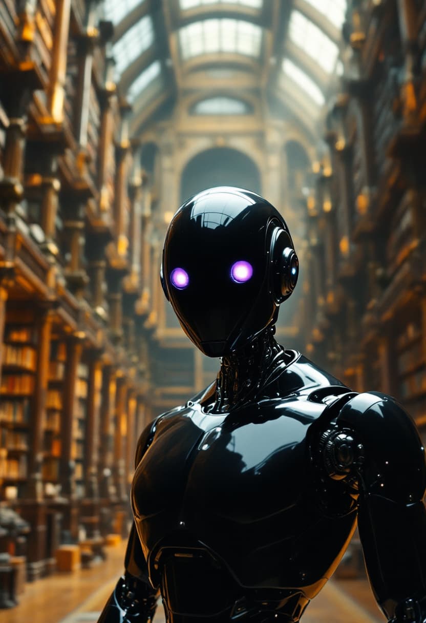 AI generated: A highly detailed cinematic shot capturing a humanoid robot from the knees up, with a reflective, do...
