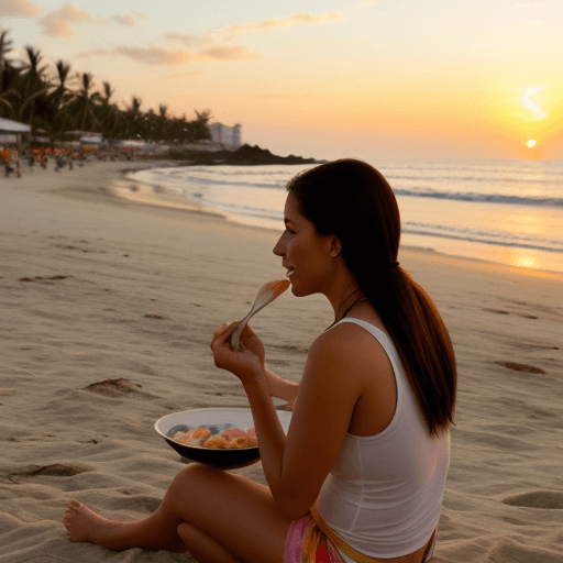 AI generated: woman in the beach, eating ceviche, sunset