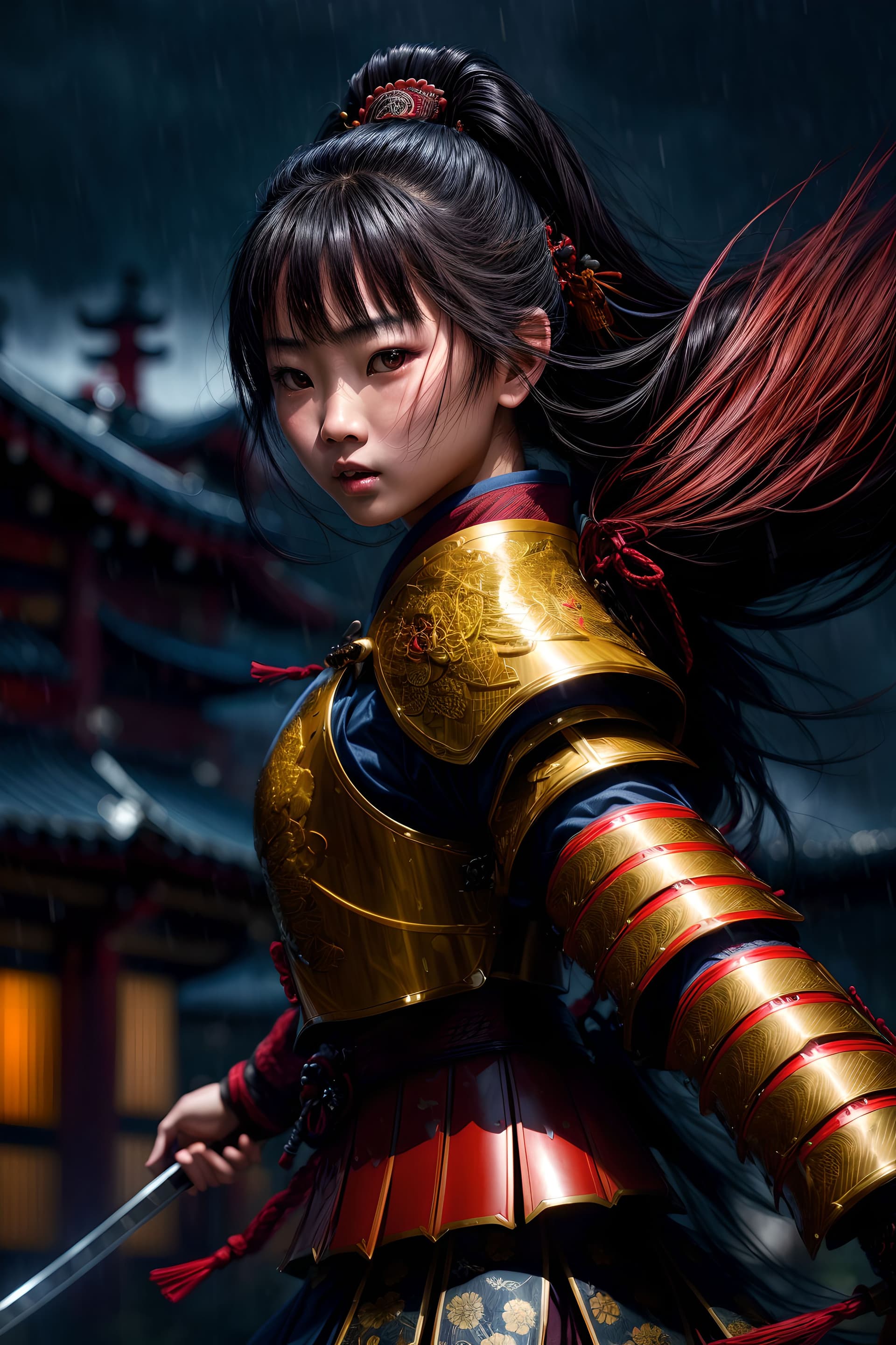 AI generated: (Asian girl wearing intricate samurai armor:1. 5), dark rainy city, (dynamic pose, action scene), (l...
