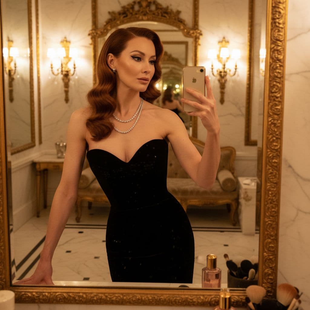 AI generated: Hyper-realistic 8K RAW fashion editorial shot of a wealthy 45-year-old cougar in a luxury ballroom p...