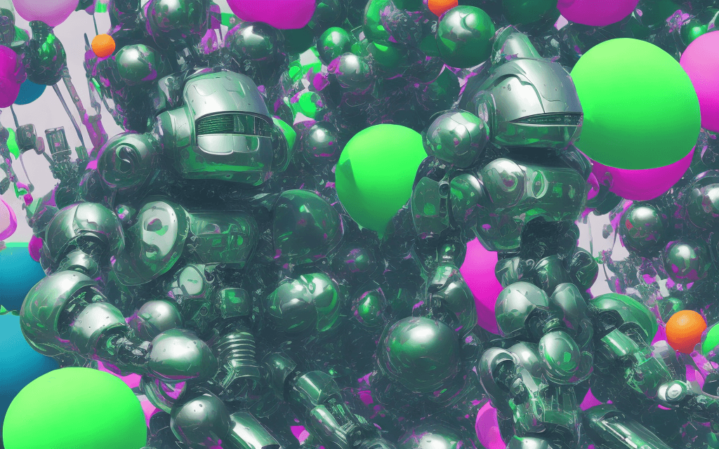 AI generated:  a close up of a poster with a robot sitting on top of a bunch of balloons, inspired by Mike Winkelm...