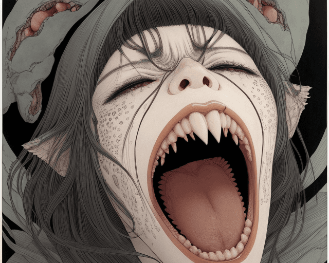 AI generated: a woman screaming, artwork by Takato Yamamoto and Chika Yamada, very detailed, futuristic, a monster...