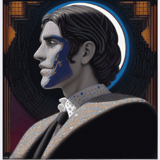 AI generated: fine detailed pointillism painting + low-angle view, Openheimer movie character with phrase "Ahora m...