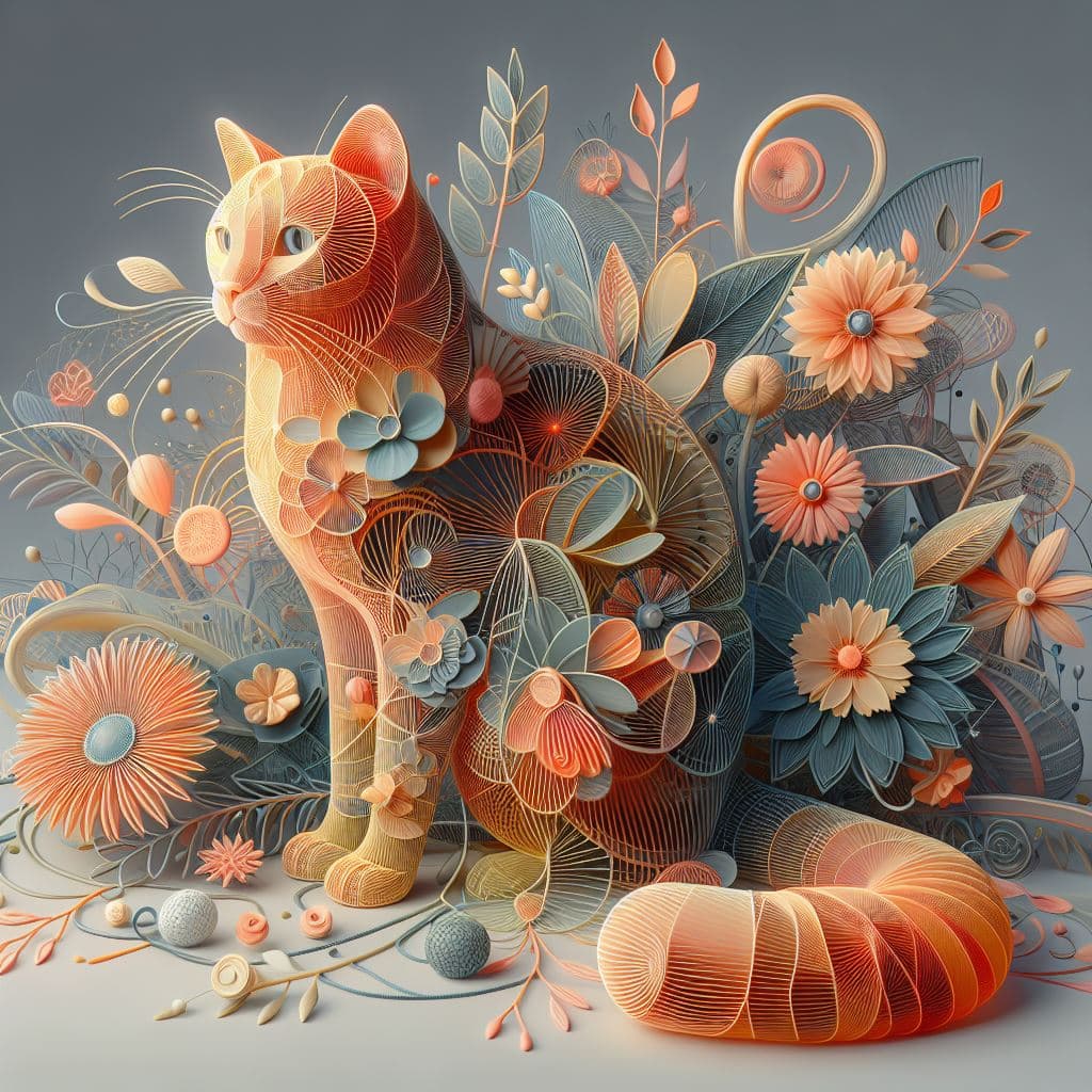 AI generated:  abstract 3D shape ginger cat, foliage and flowers incorporated, light emitting, green background 