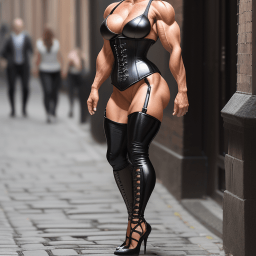 AI generated: Create a photo of a 35 year old female bodybuilder, seen from the side, walking in a street scene on...