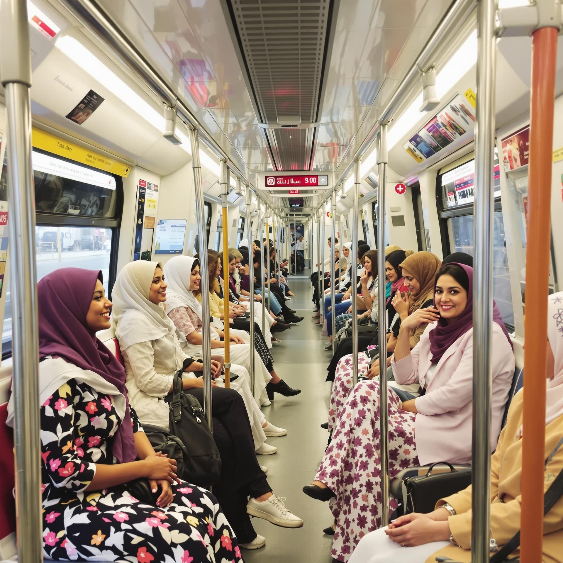 AI generated: 	Eine schöne & Stunning Frau	

	2. Internationale Begegnungen – Frauen in der U-Bahn:
Eine Gruppe vo...