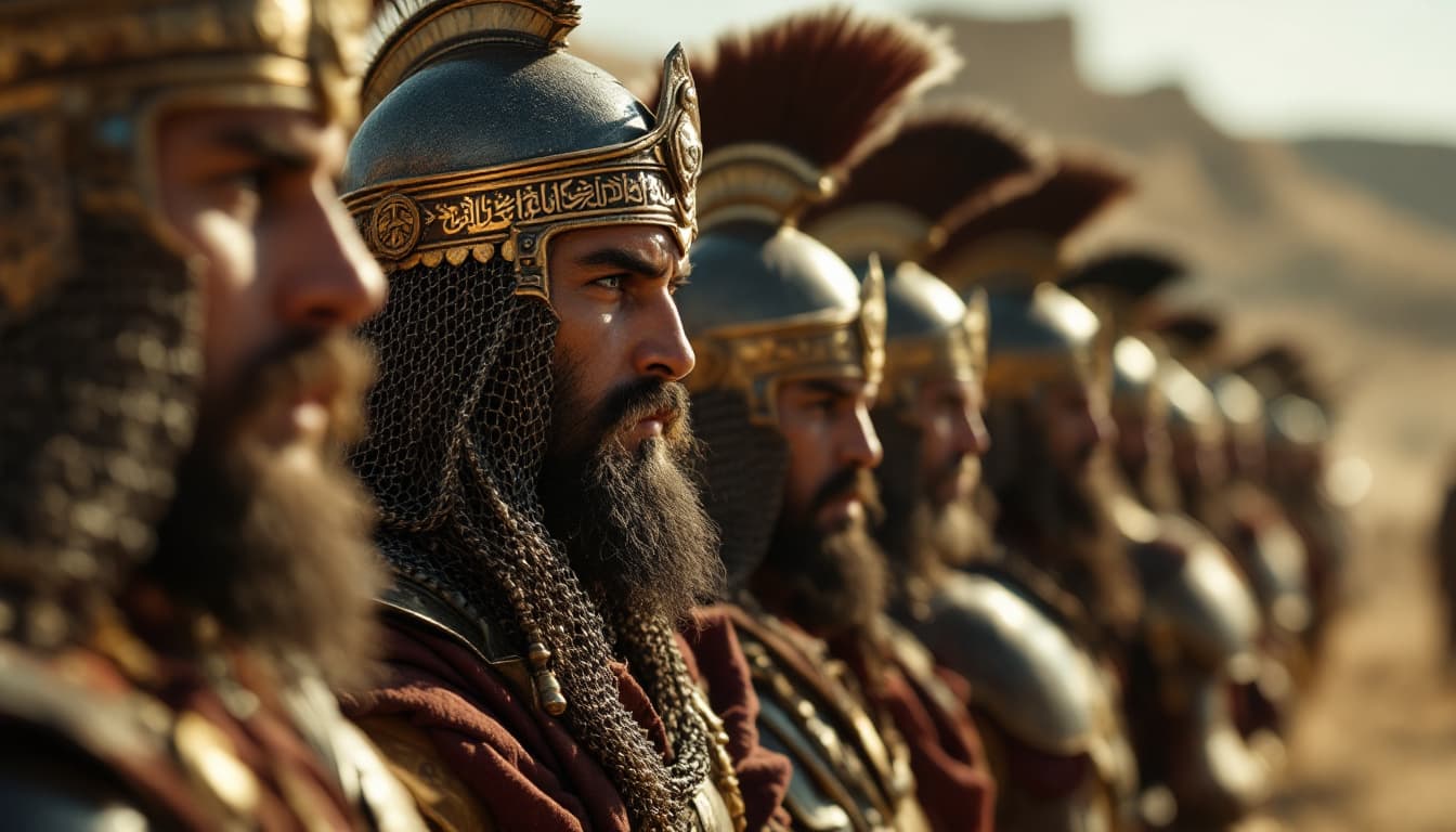 AI generated: Ultra-realistic .Wide shot of a group of Persian warriors joining Yutab in the distance. [Warriors: ...