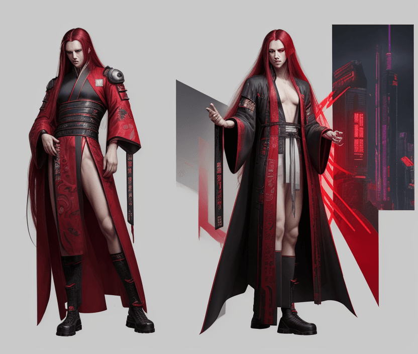 AI generated: Cyberpunk, traditional full body robes, chinesse, red long hair, male, high resolution, caishen