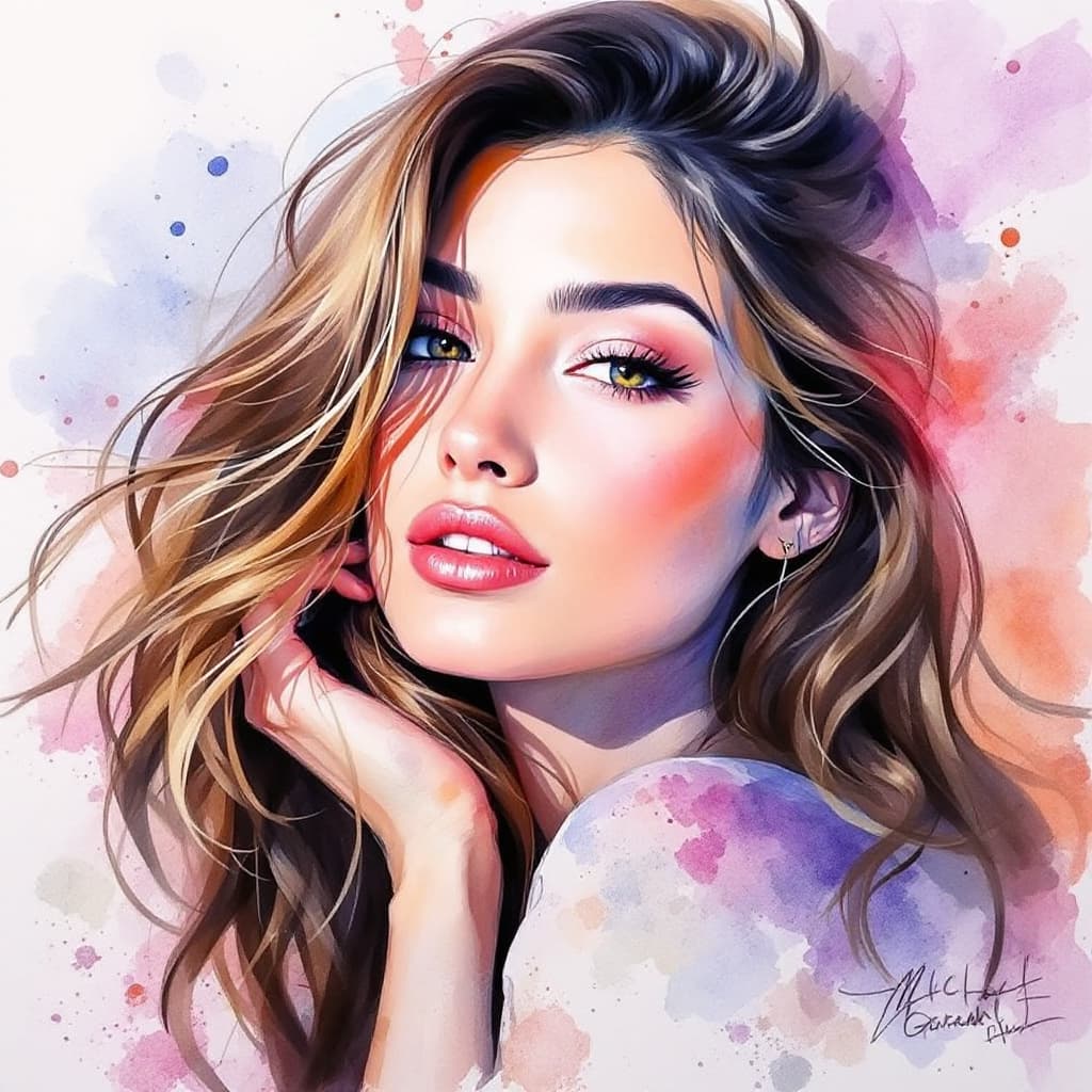 AI generated: Watercolor Painting of a Women, Cute, 18 Year Old. It is a Masterpiece of Concept Art by Michael Gar...