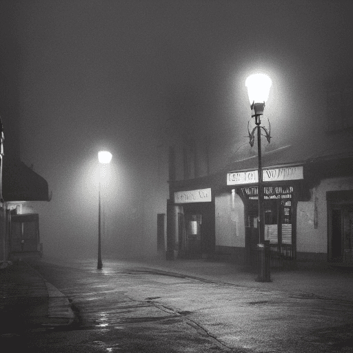 AI generated: A sleepy old town on a thick foggy dusk, yellow light lamp post, eerie, creepy and scary scene, dark...
