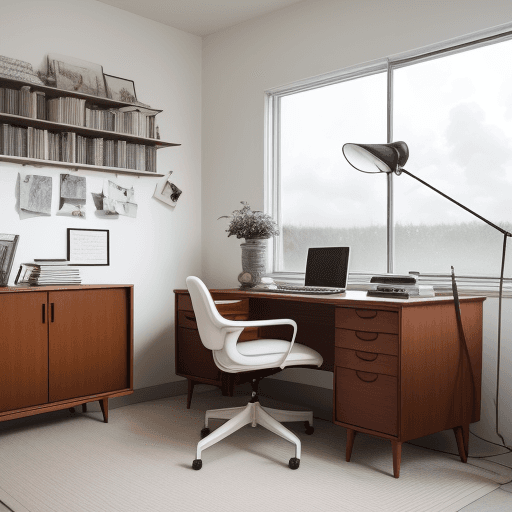 AI generated: photograph, home office, mid-century, cloudy, creating a warm white and inviting atmosphere, such as...