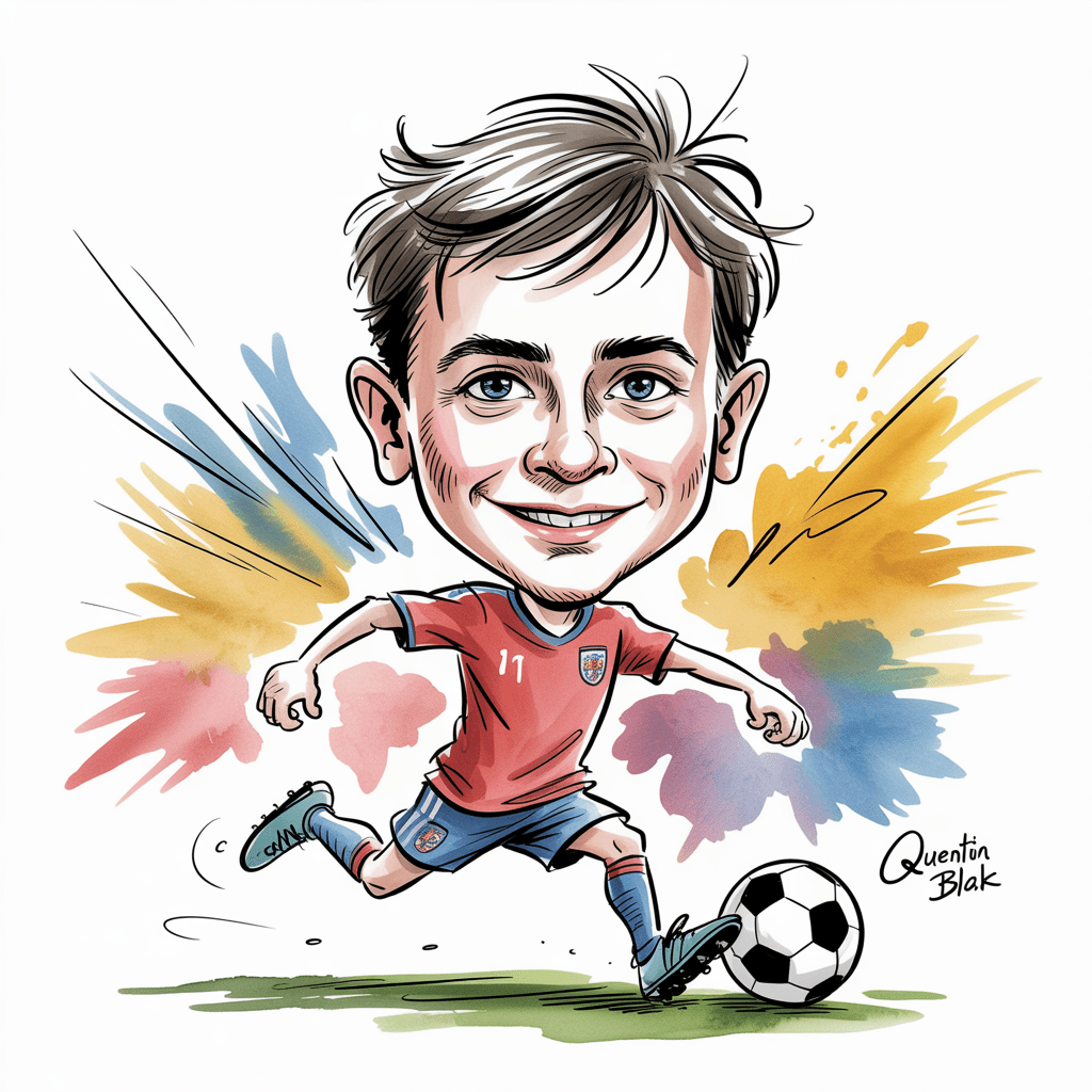 AI generated: Quentin Blake caricature. Medium shot. Young boy soccer player. Hand-drawn lines. Expressive ink spl...