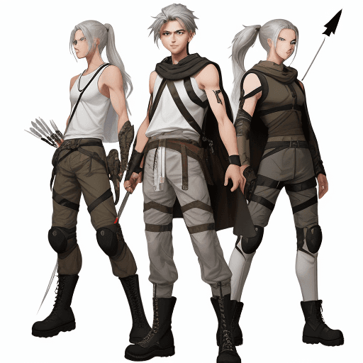 AI generated: Game 2d art, image of a young man with light gray hair long in a ponytail, 16 years old, brown eyes,...