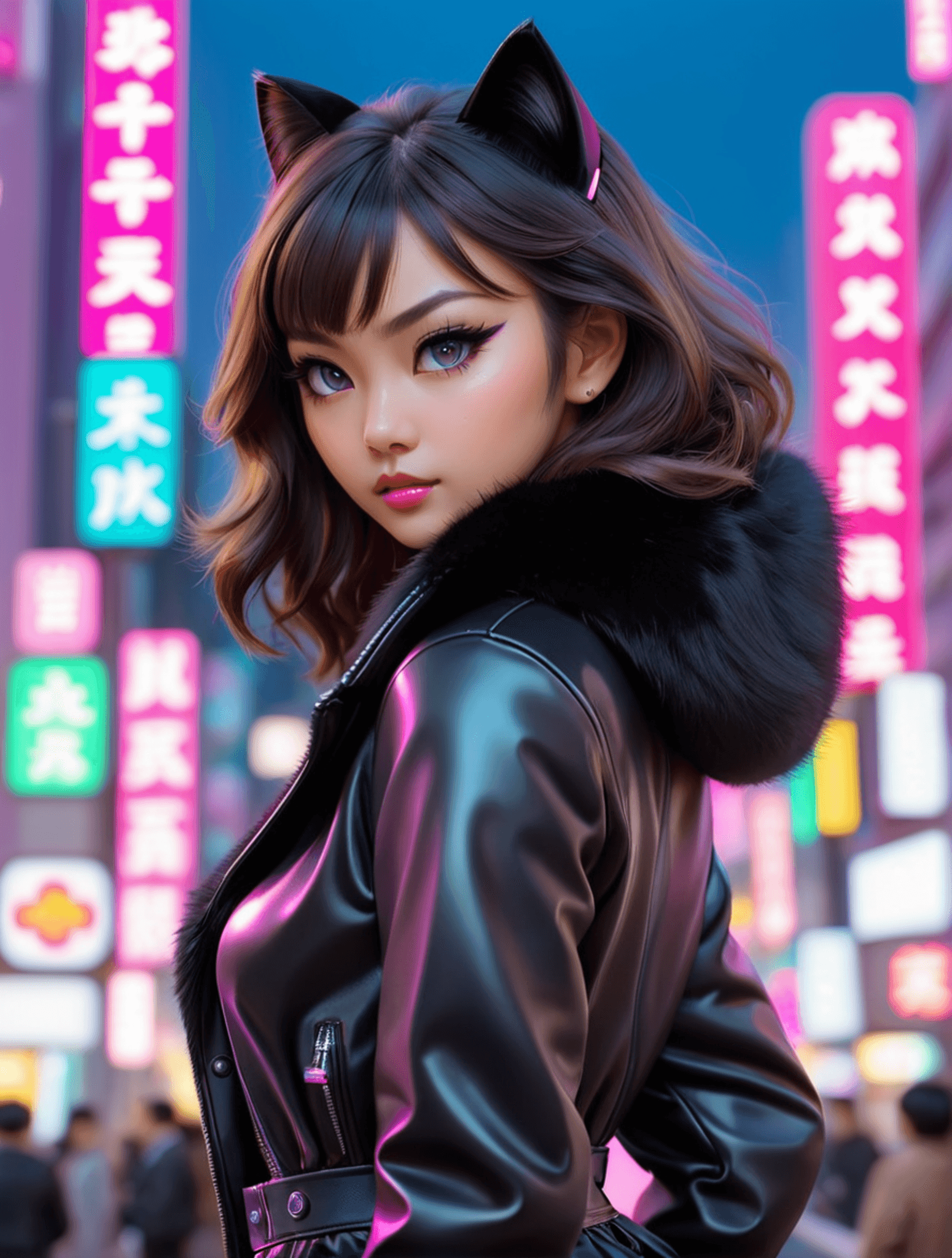 AI generated: A young beautiful girl in a black fur catwoman jacket is in front of futuristic japanese city, in th...