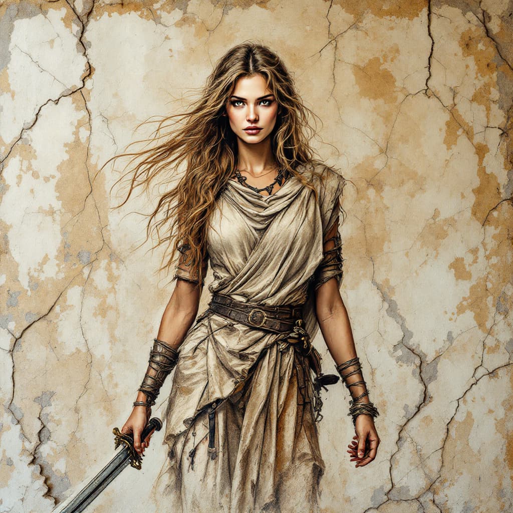 AI generated: On an old, cracked wall with peeling plaster is a faded old painting depicting a warrior woman with ...