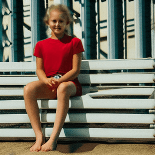 AI generated: 1girl, a girl as a lifeguard, sitting in the sun on a white lifeguard tower, plain white shirt, red ...