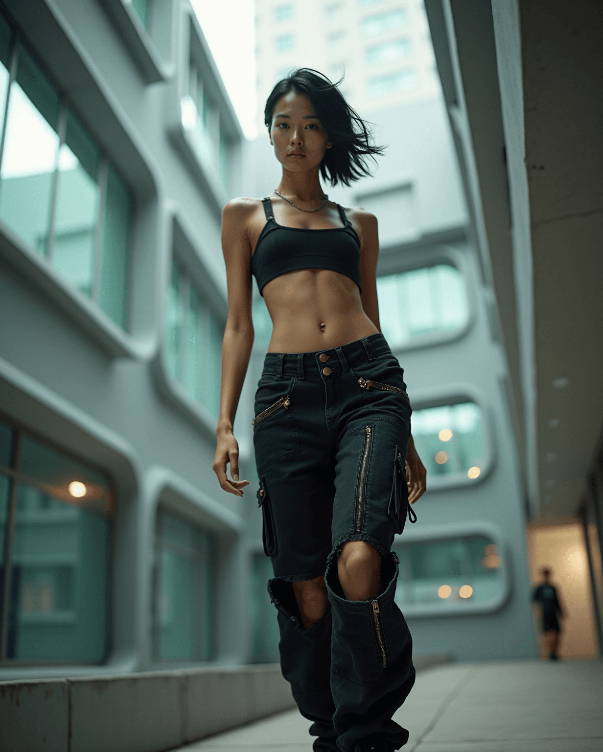 AI generated: photo of a slim, small breast, flat chest, abs, young asian female supermodel, with short messy blac...