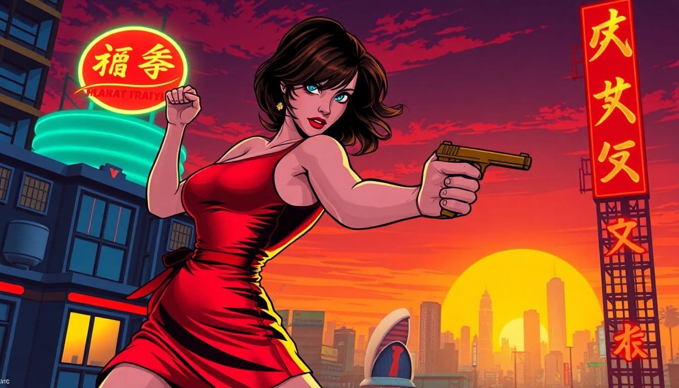 AI generated: A stylized, vibrant, and action-packed illustration of a femme fatale in a red dress, inspired by th...