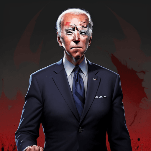 AI generated: Joe Biden as the vanquisher of mankind, the champion of blood, the last man at the end of history