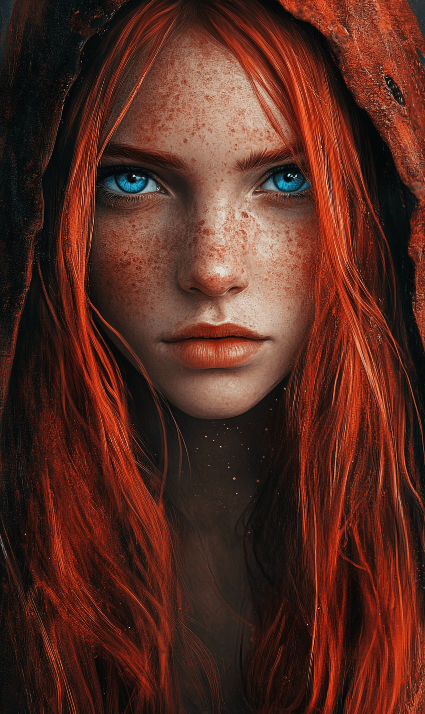 AI generated: Masterpiece, best quality, ultra detailed illustration, a girl with long red hair, with bright blue ...