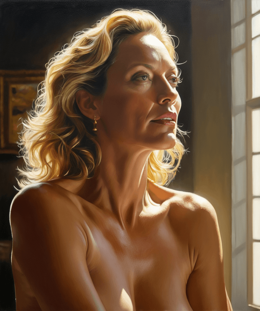 AI generated: portrait of an average 50 y.o. woman (uma thurman:0.5) painting, (topless:1.2), looking away, natura...