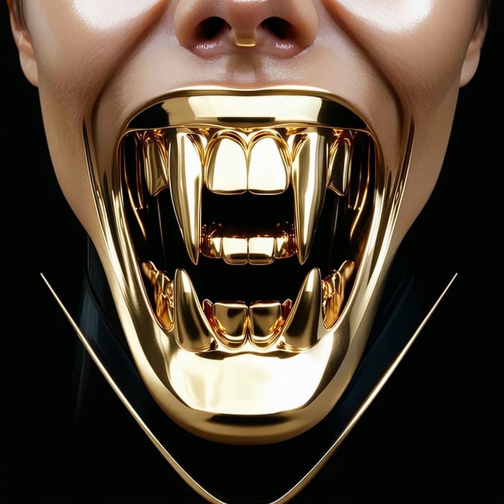 AI generated: a woman with a large jaw and gold teeth, in the style of futuristic minimalism, restrained forms, da...