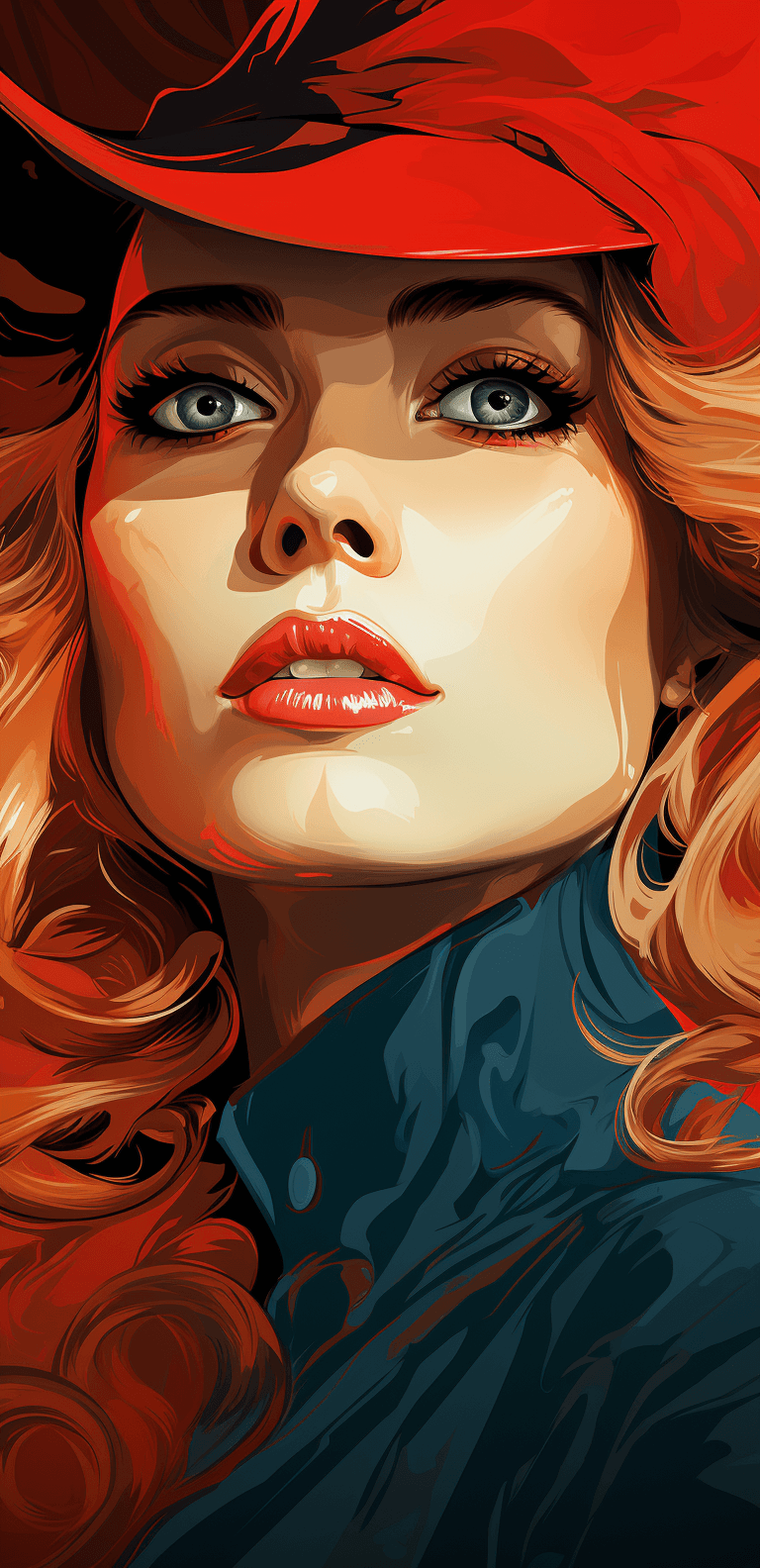 AI generated: new drawing of a woman, in the style of movie poster, red, vintage-inspired designs, detail-oriented...