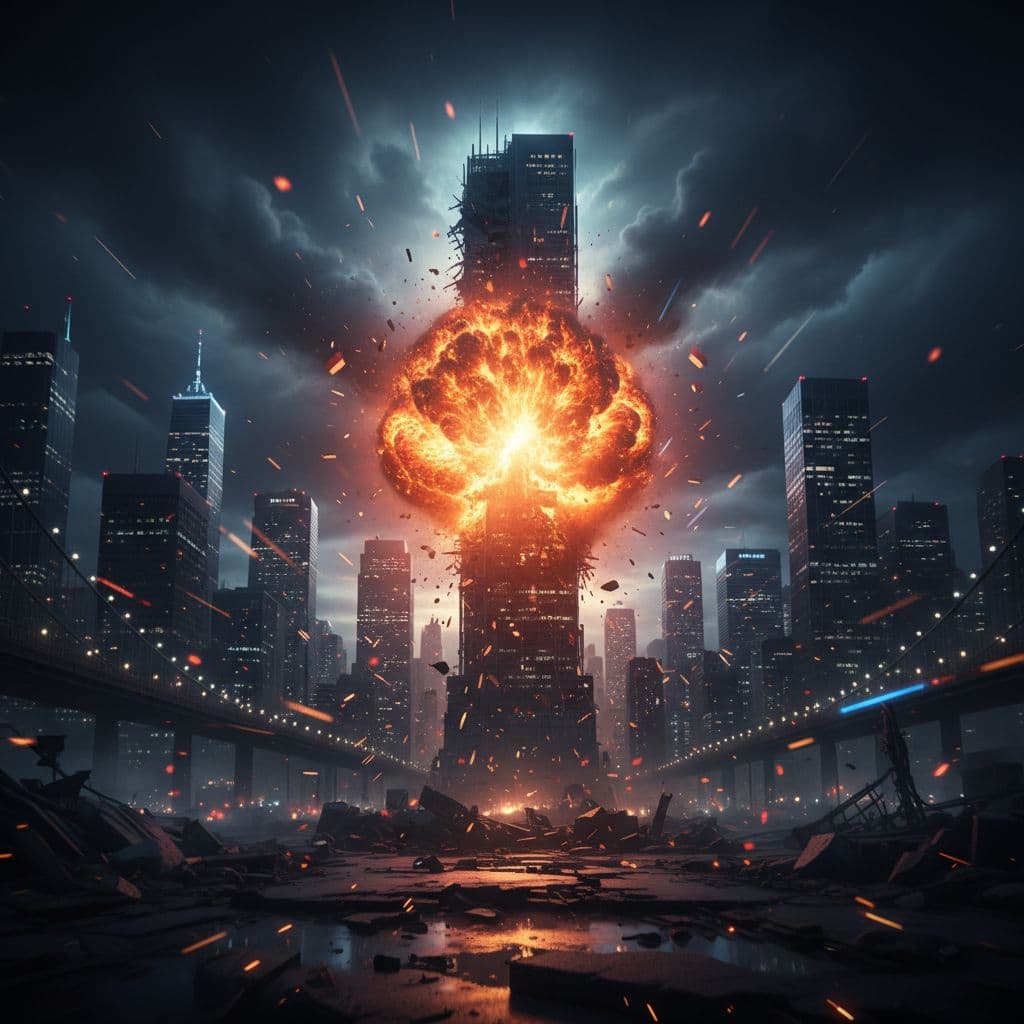 AI generated: GIVE ME A BACKGROUND FOR A ICONIC SUPERHERO POSTER WITHOUT THE HERO, DARK MOODY BACKGROUND, EXPLOSIO...