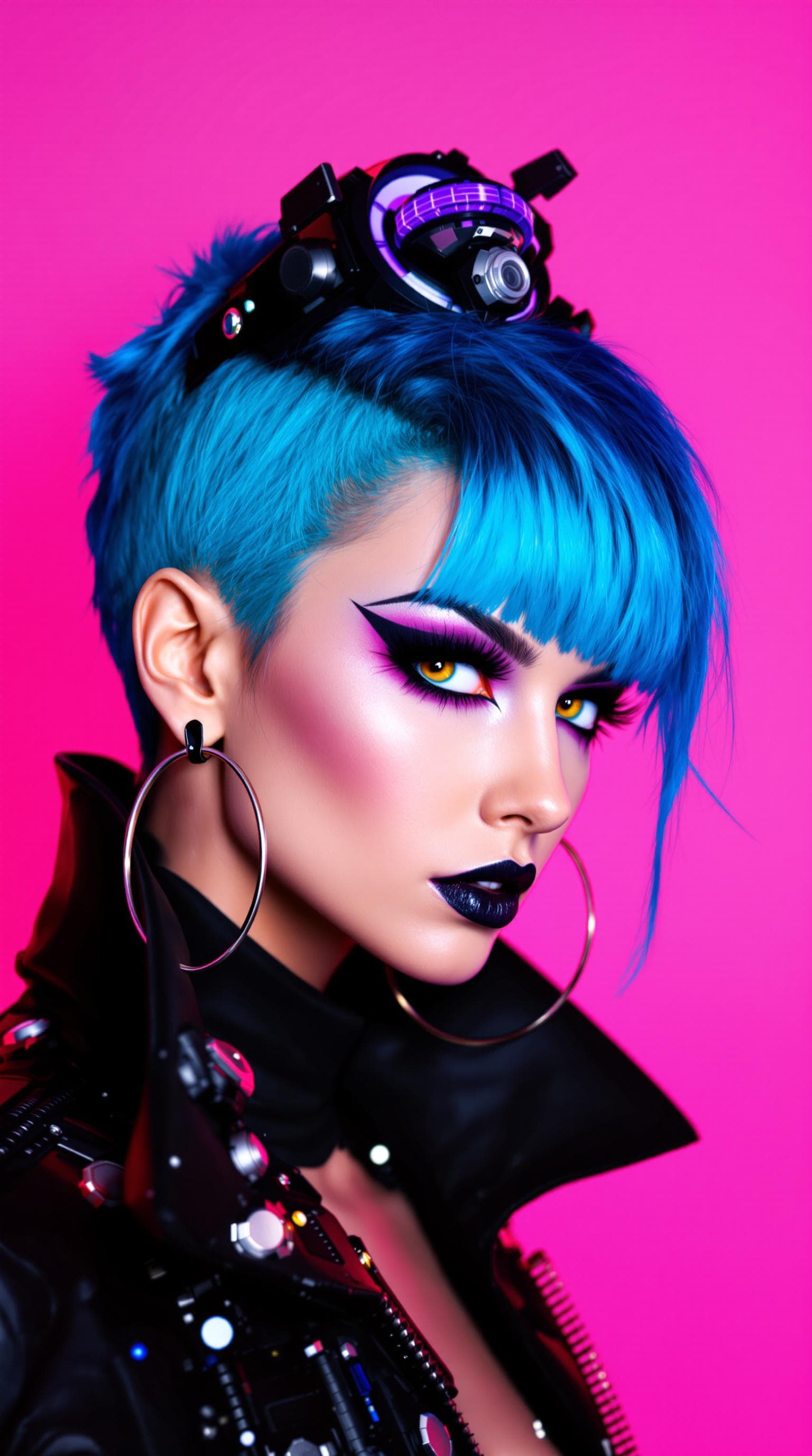 AI generated: The image features a striking female character with vibrant blue hair styled in an edgy, slicked-bac...
