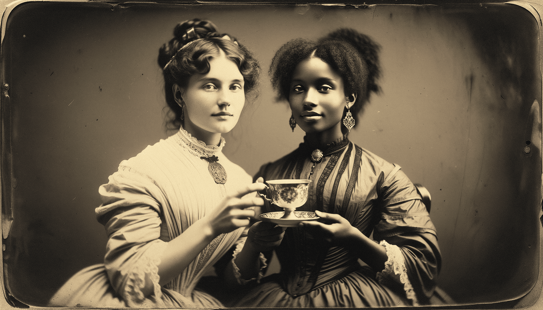 AI generated: daguerreotype, two women hold a tea cup