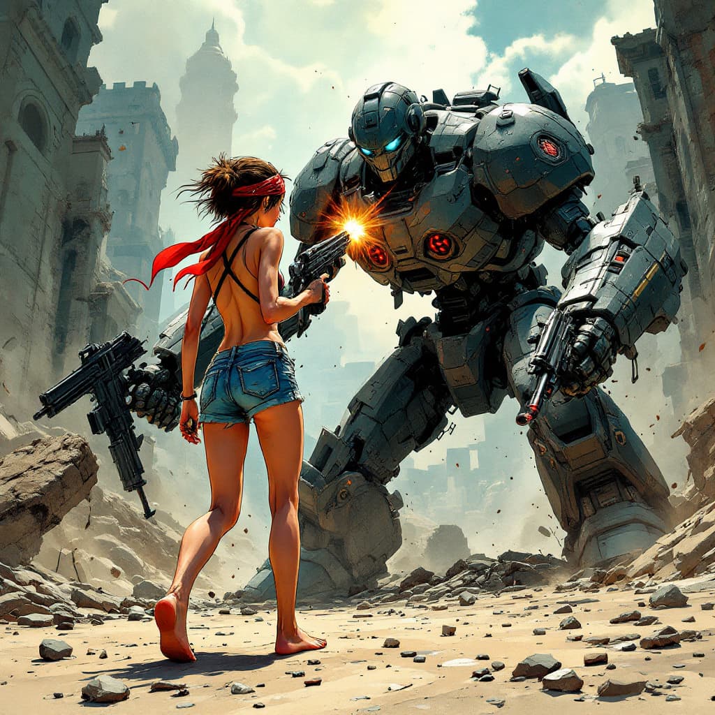 AI generated: Comic book cover illustration, full length view of a short haired girl with freckles, red bandana on...