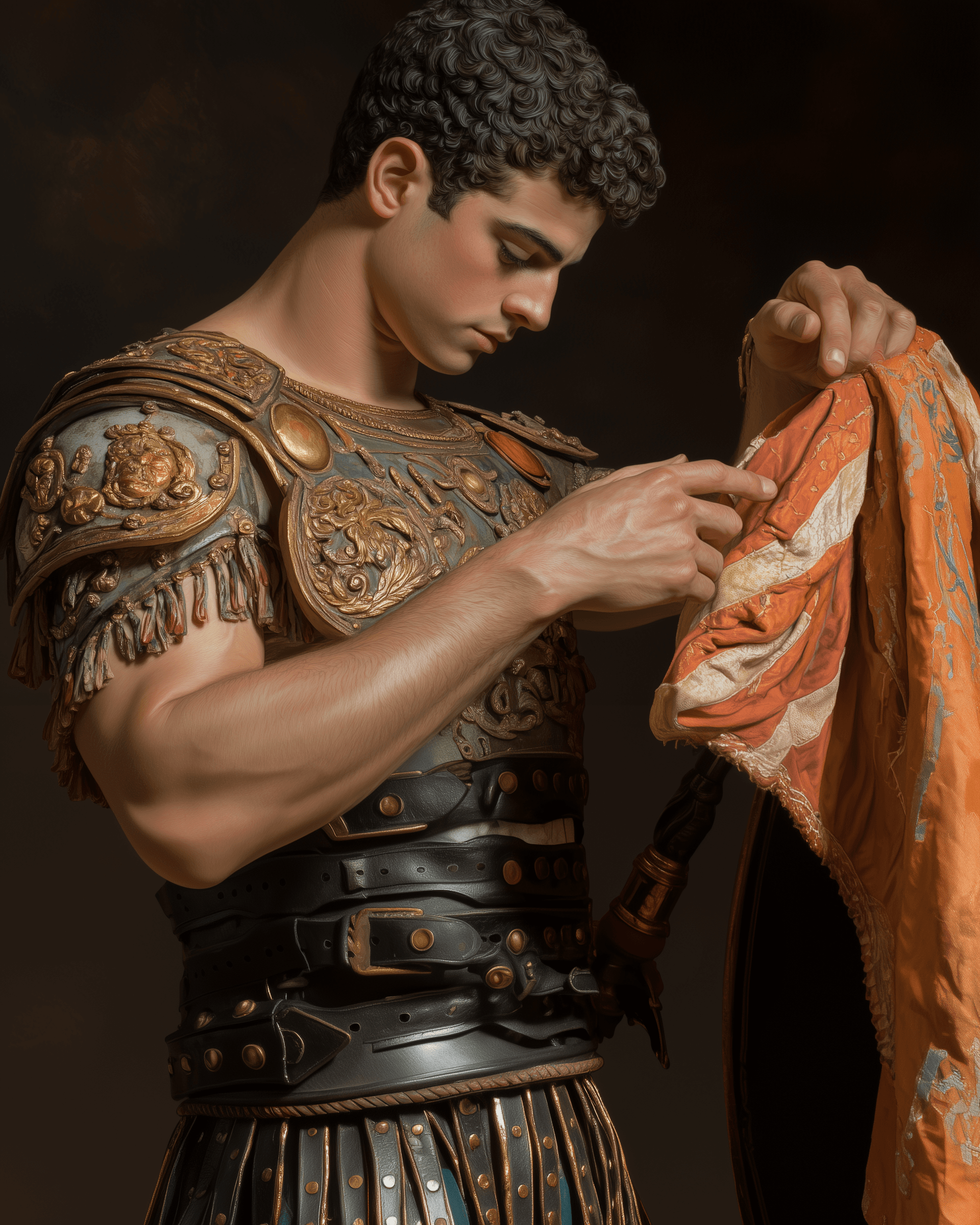 AI generated: Medium-Shot Angle - Looking up at figure from knee level, ANCIENT ROME, gladiator, ancient roman man...