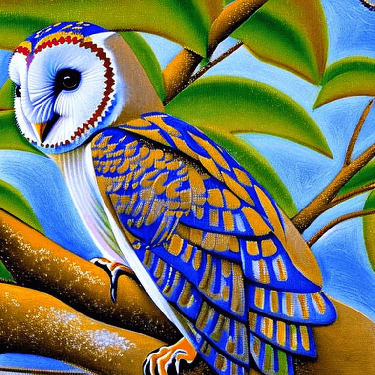 AI generated: Ralistic, ((Masterpiece, best quality)), cute barn owl perching on branch in dream park, in full vie...