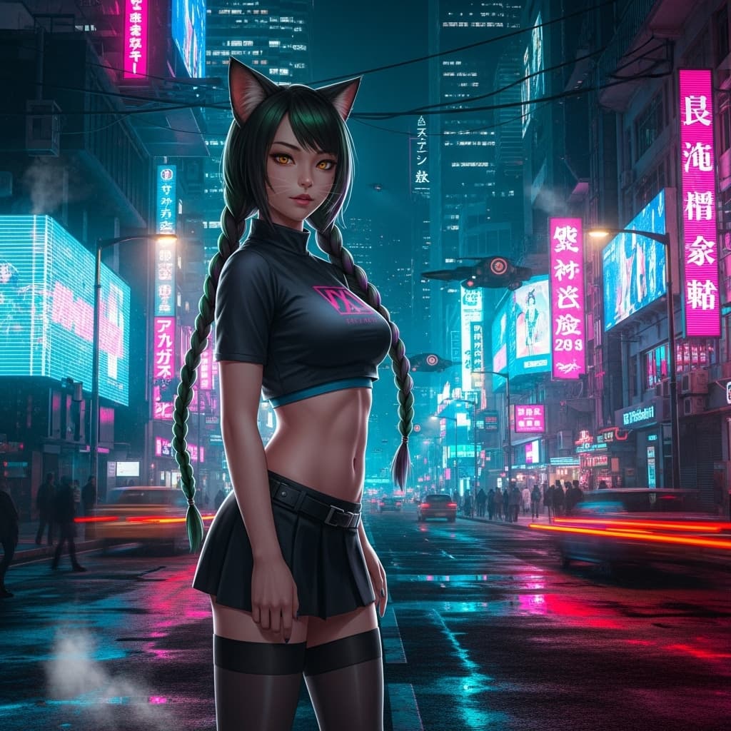 AI generated: Setting (cyberpunk cityscape (0.7), street view, night time). Subject (Japanese cat girl, eastern be...