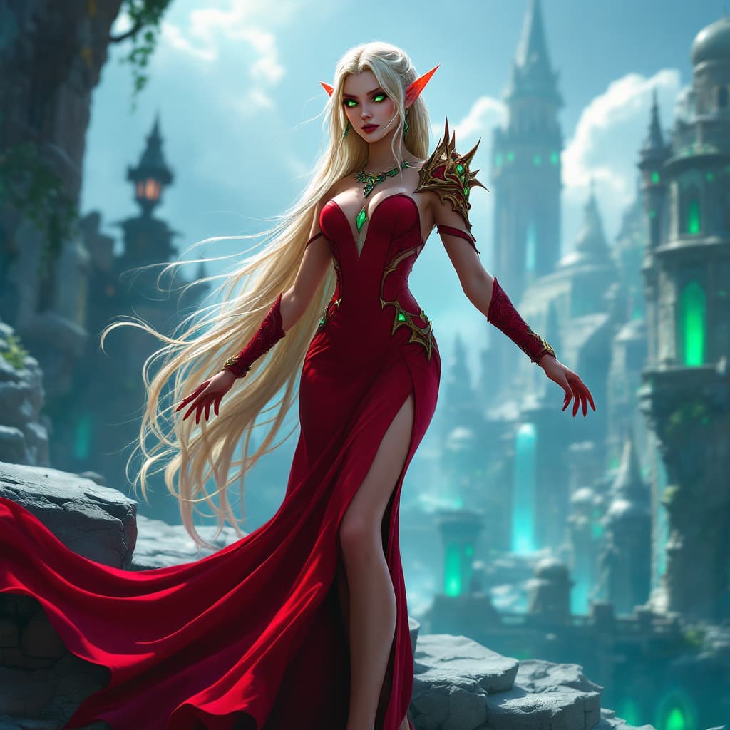AI generated: ((Full body)), Small, highly detailed (Blood elf from World of Warcraft), alluring pose, dressed in ...