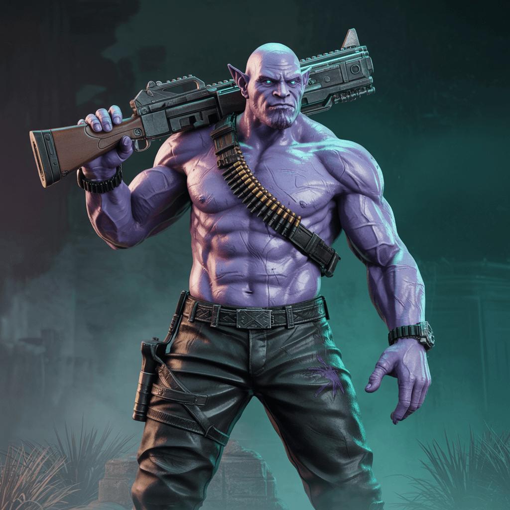 AI generated: A towering troll from the Shadowrun universe, a streetsamurai bounty hunter, stands confidently in a...